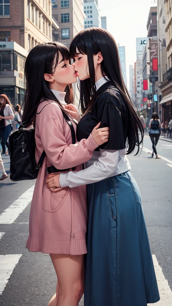 Two girls kissing in the city