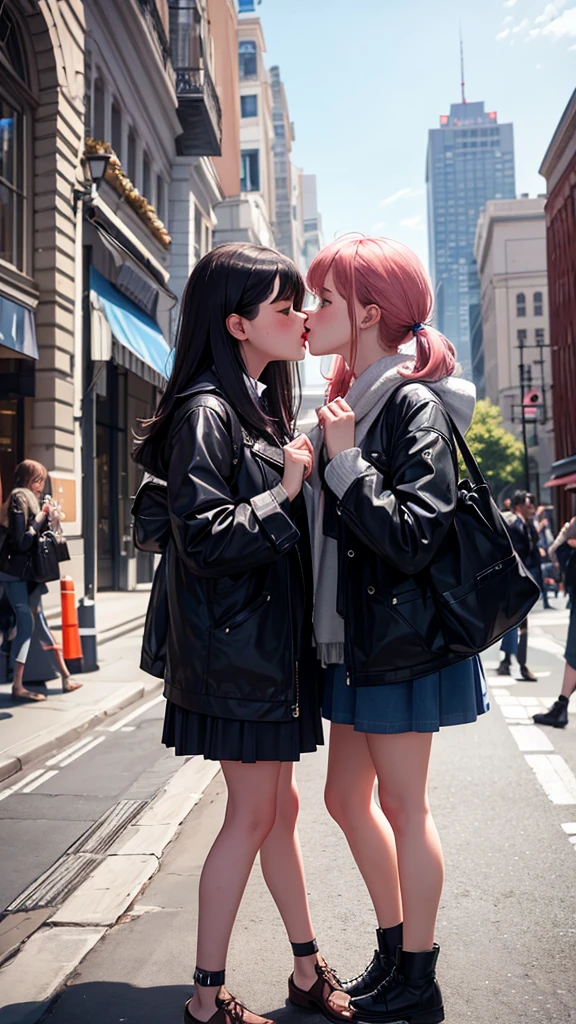 Two girls kissing in the city