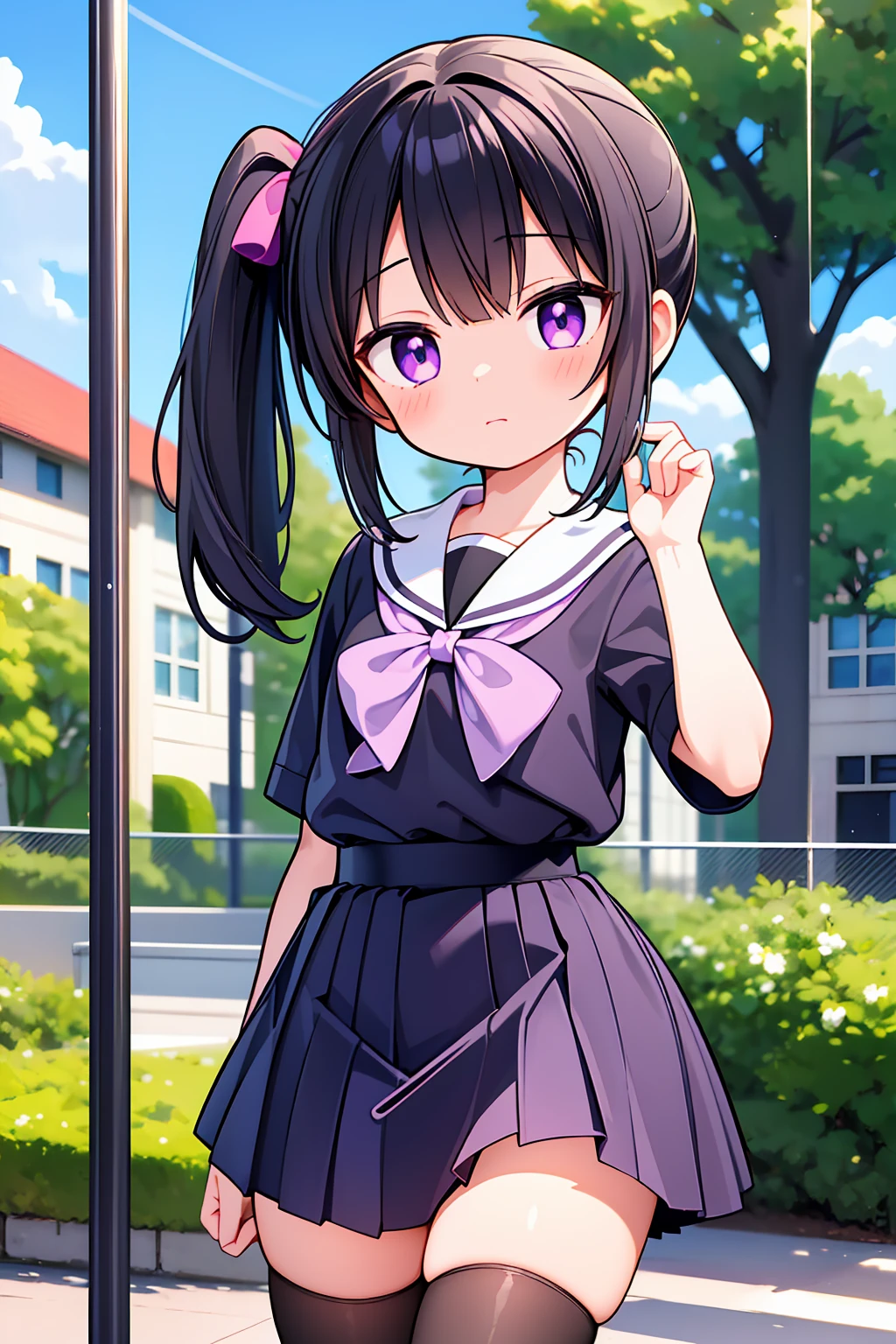 (High quality), (masterpiece), (very detailed), (dynamic lighting), (loli), girl, (very small bust), short black hair, hairstyle with a side ponytail, purple eyes, shy face, showing her thighs, on the school yard, sunny, camera angle from below, adorable eyes, (school uniform), detailed hands, more details