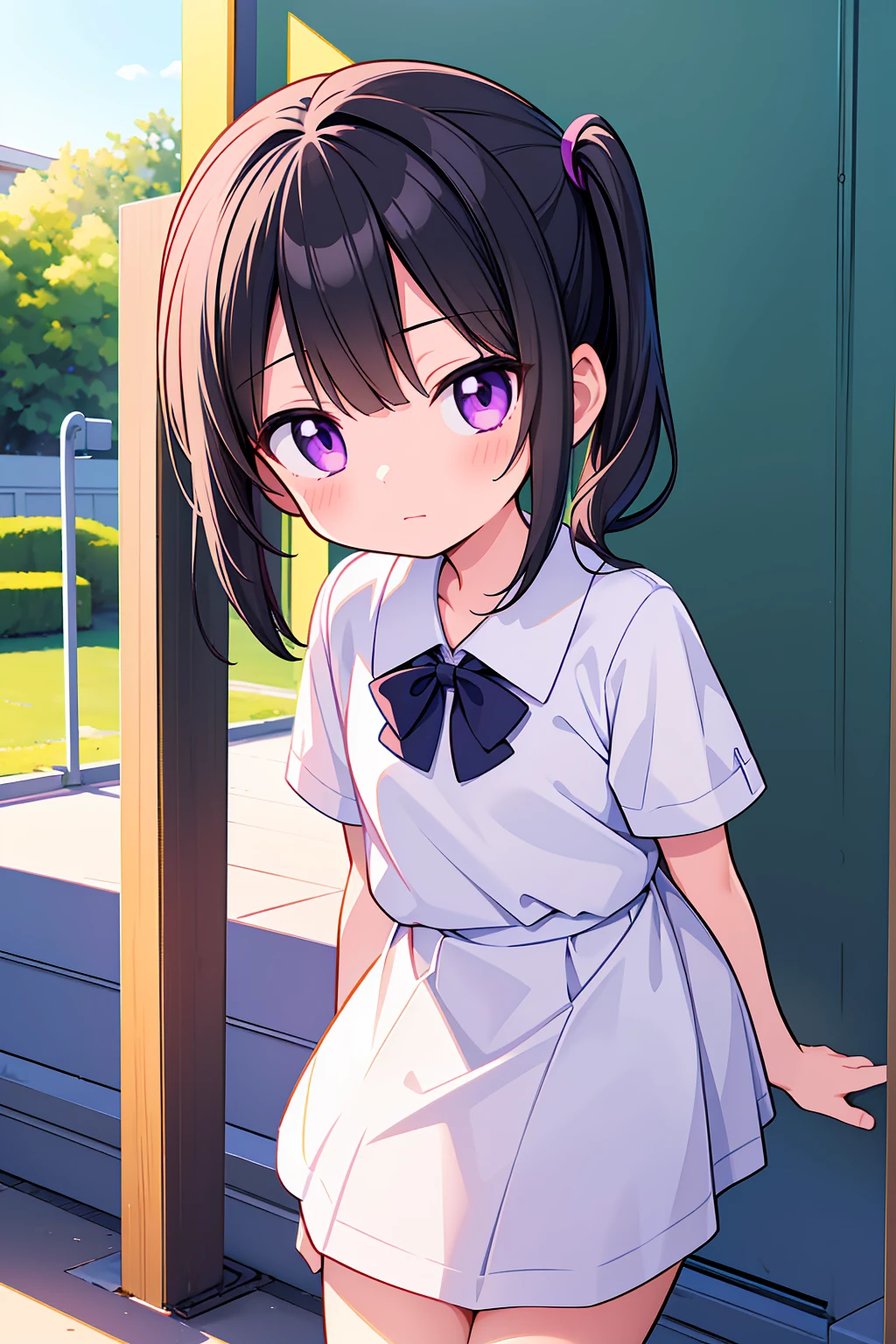 (High quality), (masterpiece), (very detailed), (dynamic lighting), (loli), girl, (very small bust), short black hair, hairstyle with a side ponytail, purple eyes, shy face, showing her thighs, on the school yard, sunny, camera angle from below, adorable eyes, (school uniform), detailed hands, more details
