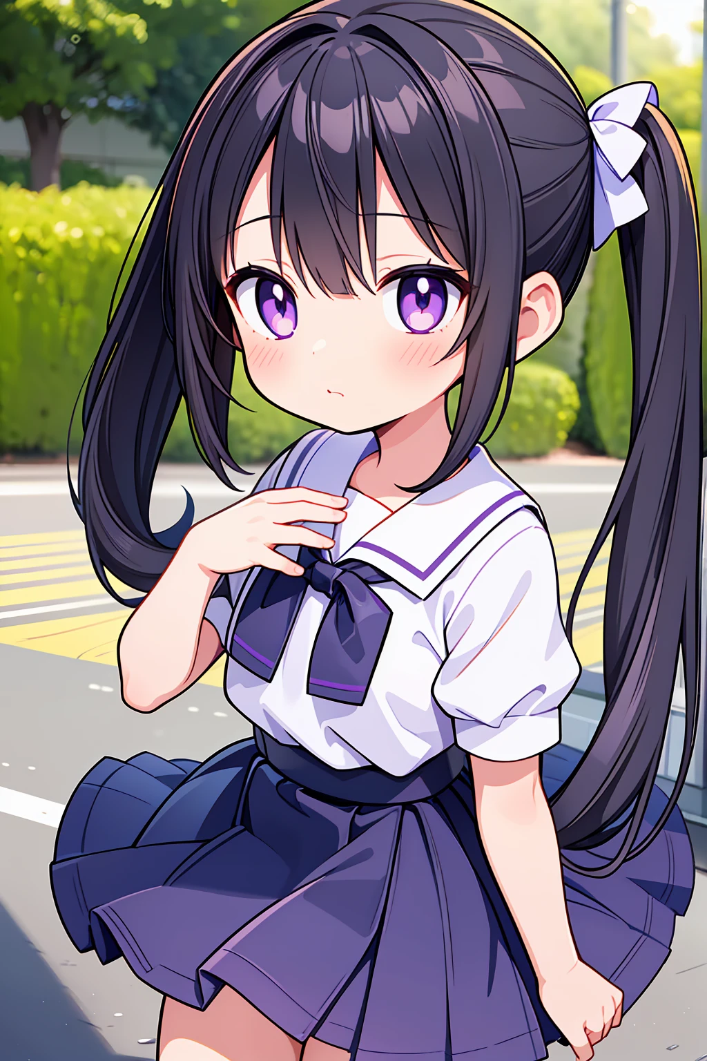 (High quality), (masterpiece), (very detailed), (dynamic lighting), (loli), girl, (very small bust), short black hair, hairstyle with a side ponytail, purple eyes, shy face, showing her thighs, on the school yard, sunny, camera angle from below, adorable eyes, (school uniform), detailed hands, more details