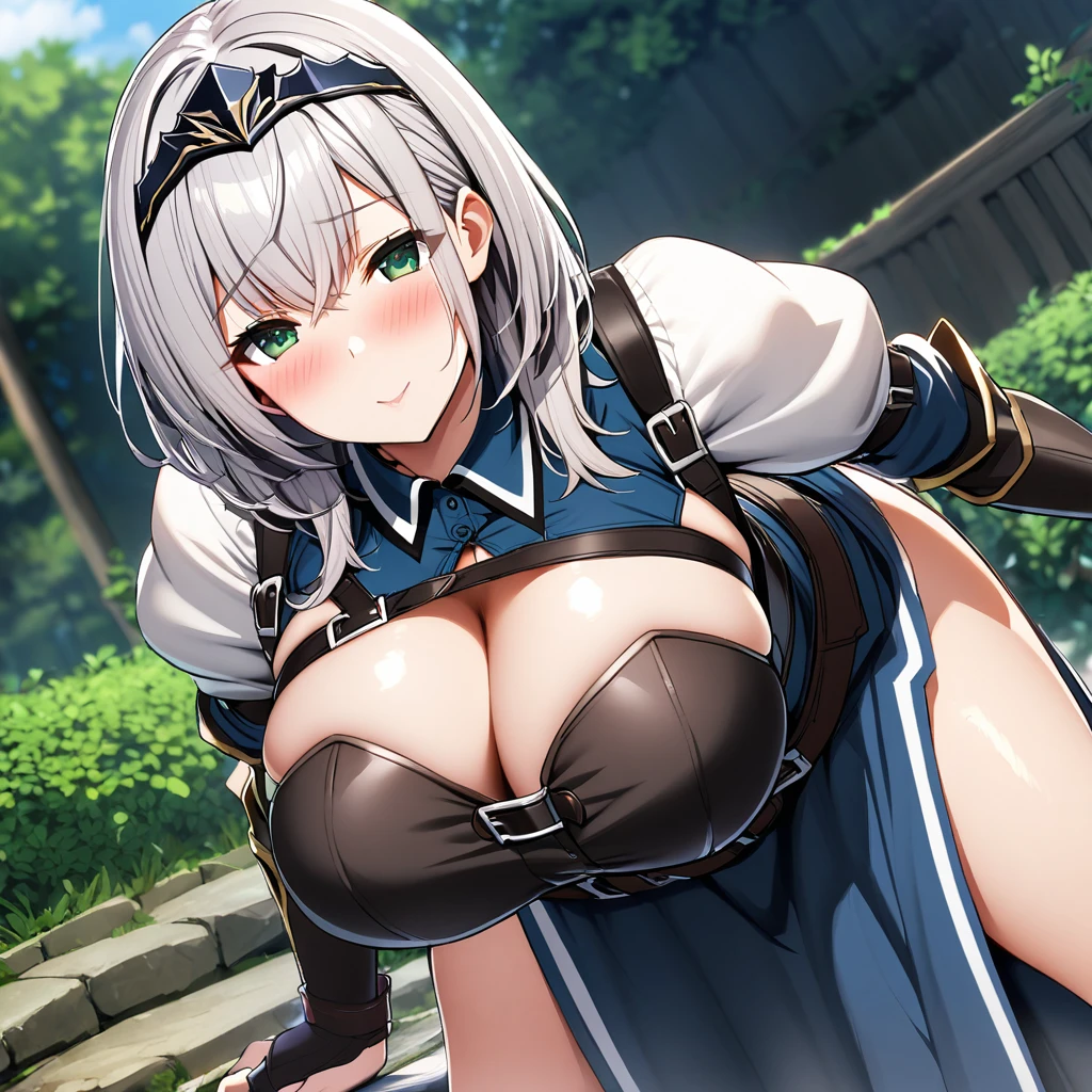 shirogane noel,1girl,solo,Females in heat,blush,shirogane noel costumes,super huge breasts,looking at viewer,near,Bending forward posture,the front,out door's