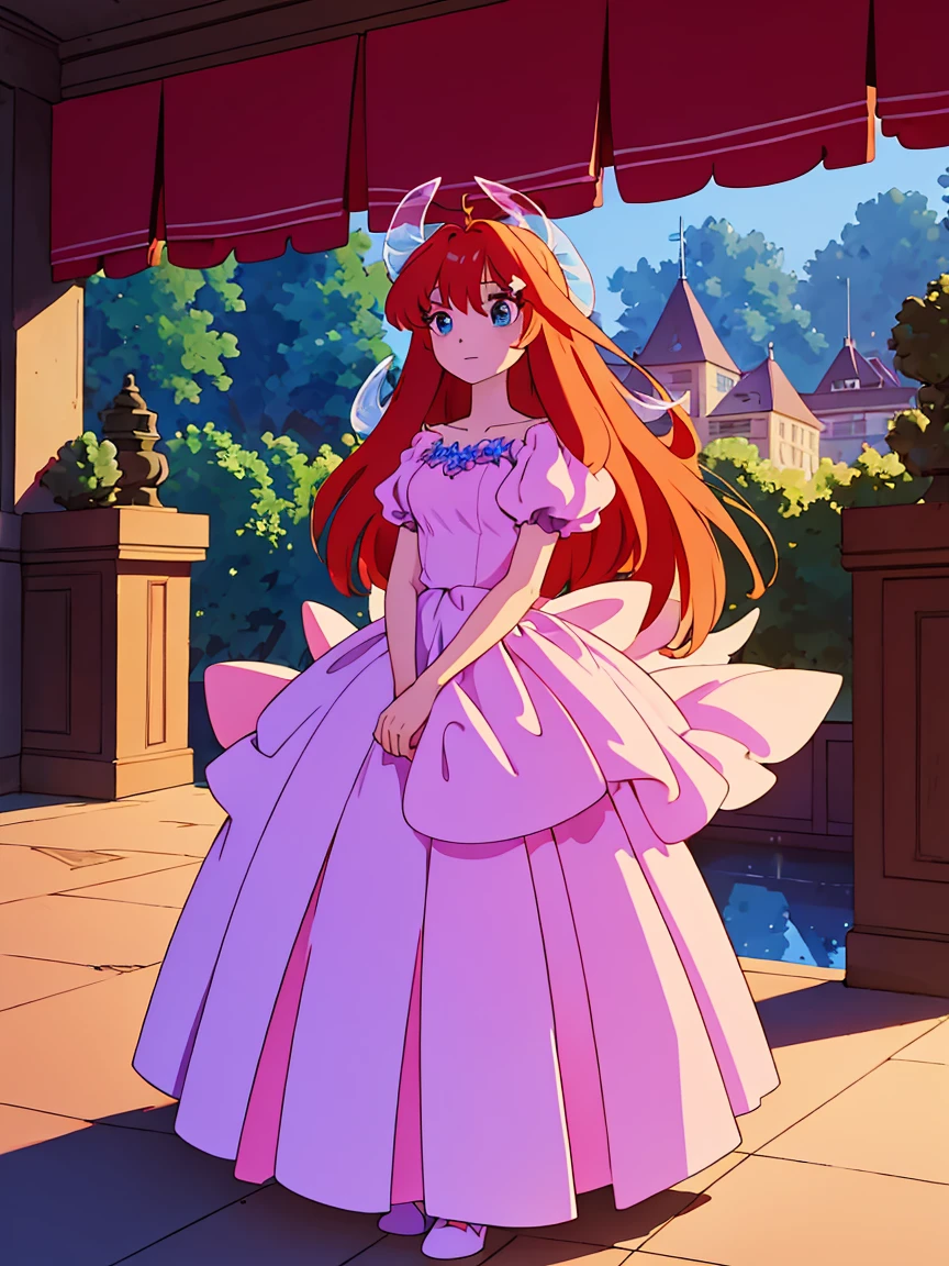 beautiful girl in flowing ballgown dress, (glowing fairy wings), glowing flowing ballgown, long wavy hair, sparkling fairy wings, watercolor illustration, flowers and colorful plants, inspired by Glen Keane, inspired by Lois van Baarle, disney art style, by Lois van Baarle, glowing aura around her, by Glen Keane, Itsuki Nakano, long fluffy red hair, blue eyes, nakano_itsuki,  jen bartel, glowing lights! digital painting, flowing glowing hair, glowing flowing hair, star hairclips, 5-pointed star hairclips, beautiful digital illustration, fantasia otherworldly landscape plants flowers, beautiful, masterpiece, best quality, anime disney style