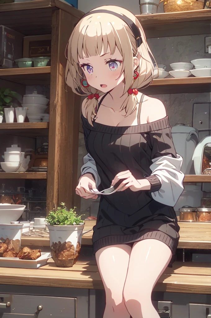 masterpiece, yor, 1girl, Bust A Cup, Amazing Cleavage:1.3, thin waist, big ass, Raised sexy, big breast: 1.2 posed cleavage:1.2、solo, looking at viewer, open mouth, have a cute grass of cute beergrass,black hair, red eyes, dress, bare shoulders, jewelry, collarbone, sidelocks, hairband, earrings, indoors, off shoulder, :o, sweater, arms behind back, plant, short hair with long locks, white hairband, off-shoulder dress, sweater dress, off-shoulder sweater, red sweater, big side hair, very long side hair,is rendered in (masterpiece: 1.2, best quality), with (ultra high resolution) and an exquisite (depth of field). This masterpiece is not only visually stunning but also tells,A scene of cooking in the kitchen