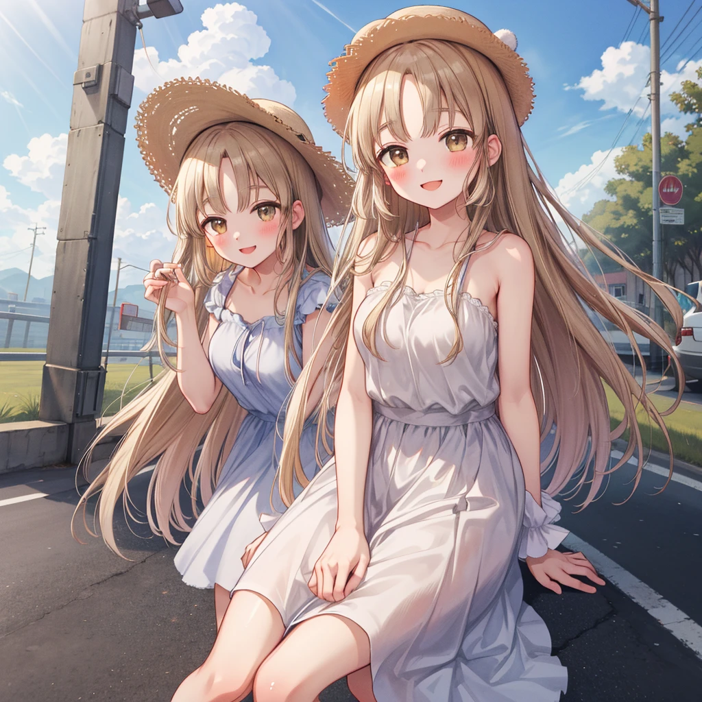 masterpiece, Highest quality, High Resolution, HS1,blush、smile,NSFW、On the road、White dress、Straw hat