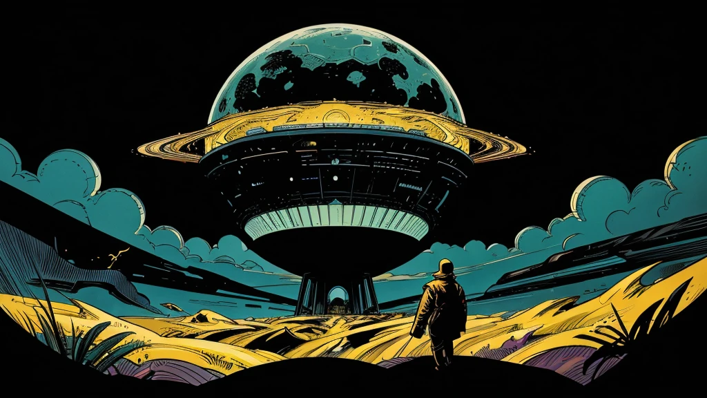 Use this prompt to create an image in the style of 1950s-70s comic book art. Use bold outlines, halftone patterns, and exaggerated perspective. Employ intense, saturated colors reminiscent of vintage four-color printing. Maintain a psychedelic, otherworldly atmosphere with swirling, colorful skies and strange celestial bodies. Emphasize the contrast between light and shadow to create a dramatic, pulp sci-fi feel. Create an image of: a hollow earth landscape