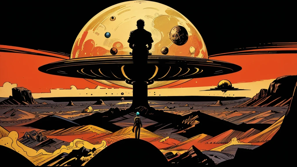 Use this prompt to create an image in the style of 1950s-70s comic book art. Use bold outlines, halftone patterns, and exaggerated perspective. Employ intense, saturated colors reminiscent of vintage four-color printing. Maintain a psychedelic, otherworldly atmosphere with swirling, colorful skies and strange celestial bodies. Emphasize the contrast between light and shadow to create a dramatic, pulp sci-fi feel. Create an image of: a hollow earth landscape