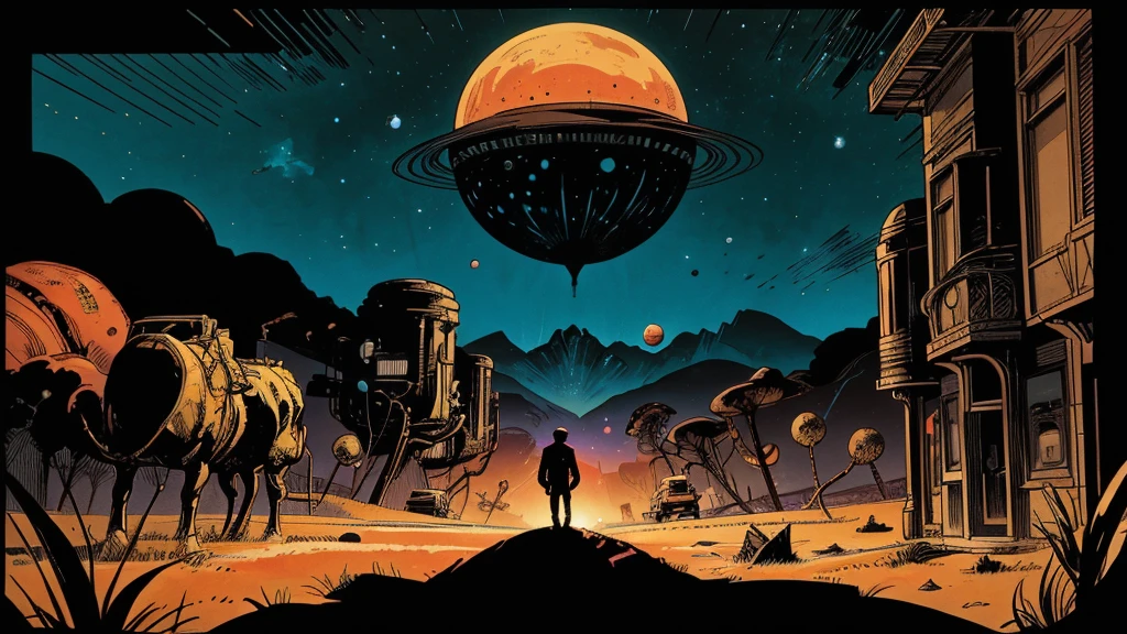Use this prompt to create an image in the style of 1950s-70s comic book art. Use bold outlines, halftone patterns, and exaggerated perspective. Employ intense, saturated colors reminiscent of vintage four-color printing. Maintain a psychedelic, otherworldly atmosphere with swirling, colorful skies and strange celestial bodies. Emphasize the contrast between light and shadow to create a dramatic, pulp sci-fi feel. Create an image of: a hollow earth landscape