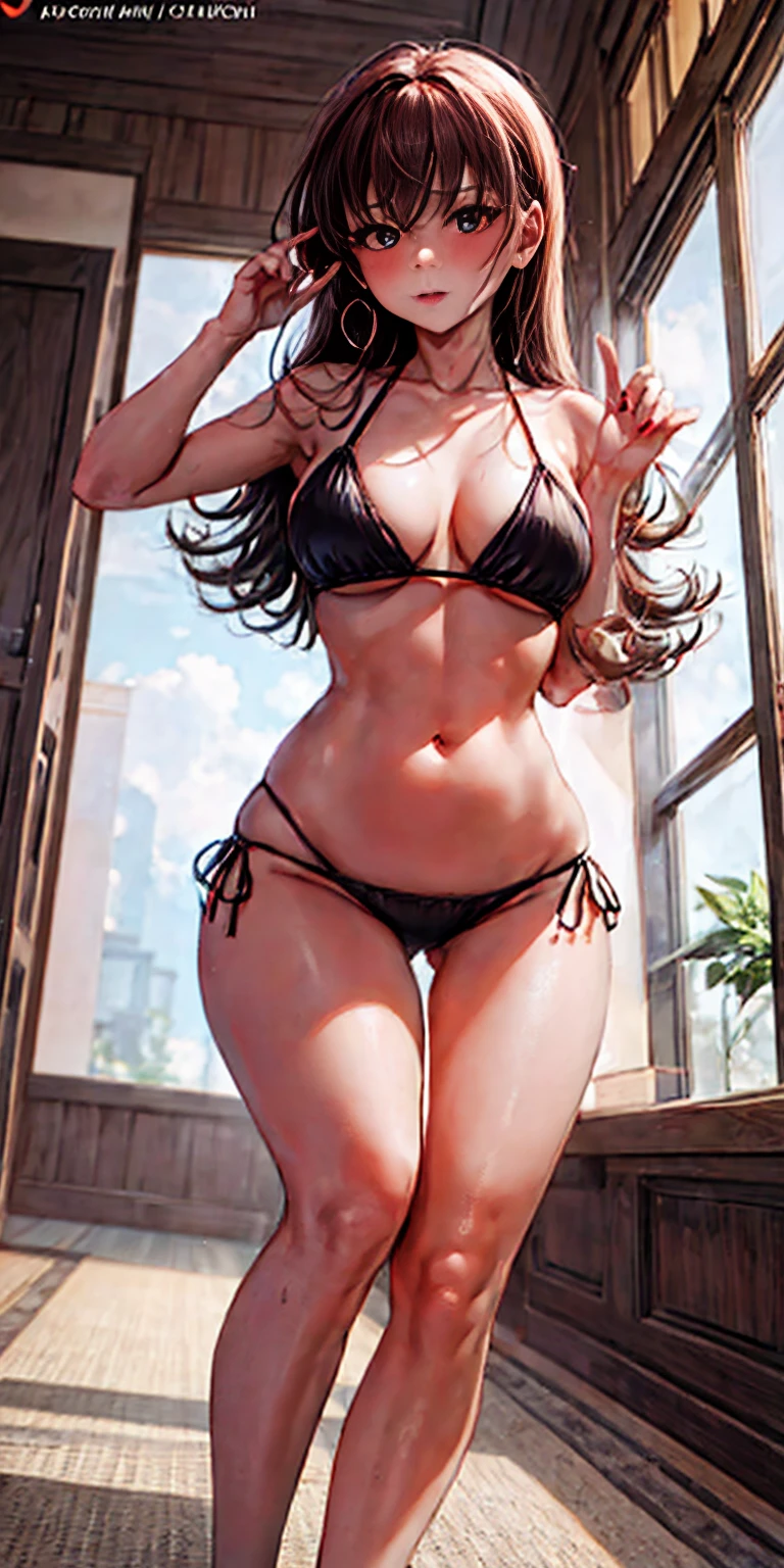 1 girl, 24yo,mature female,Beautiful Finger,Beautiful long legs,Beautiful body,Beautiful Nose,Beautiful character dsign, perfect eyes, perfect face a girl wearing a g-string squats down