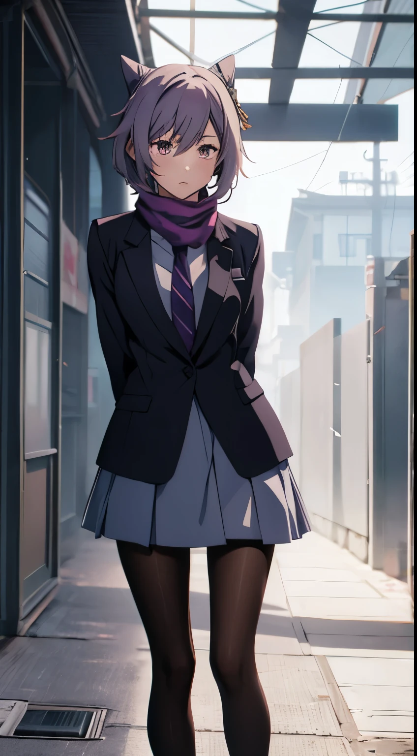 csm anime style, 1girl, keqingdef, , blazer, short hair, pouting, shy, holding viewer scarf, from front. pov viewer, pov,