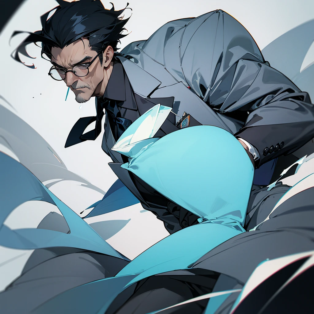 Black hair, glasses and a grey suit、Draw the whole image of a cool old man wearing a light blue tie