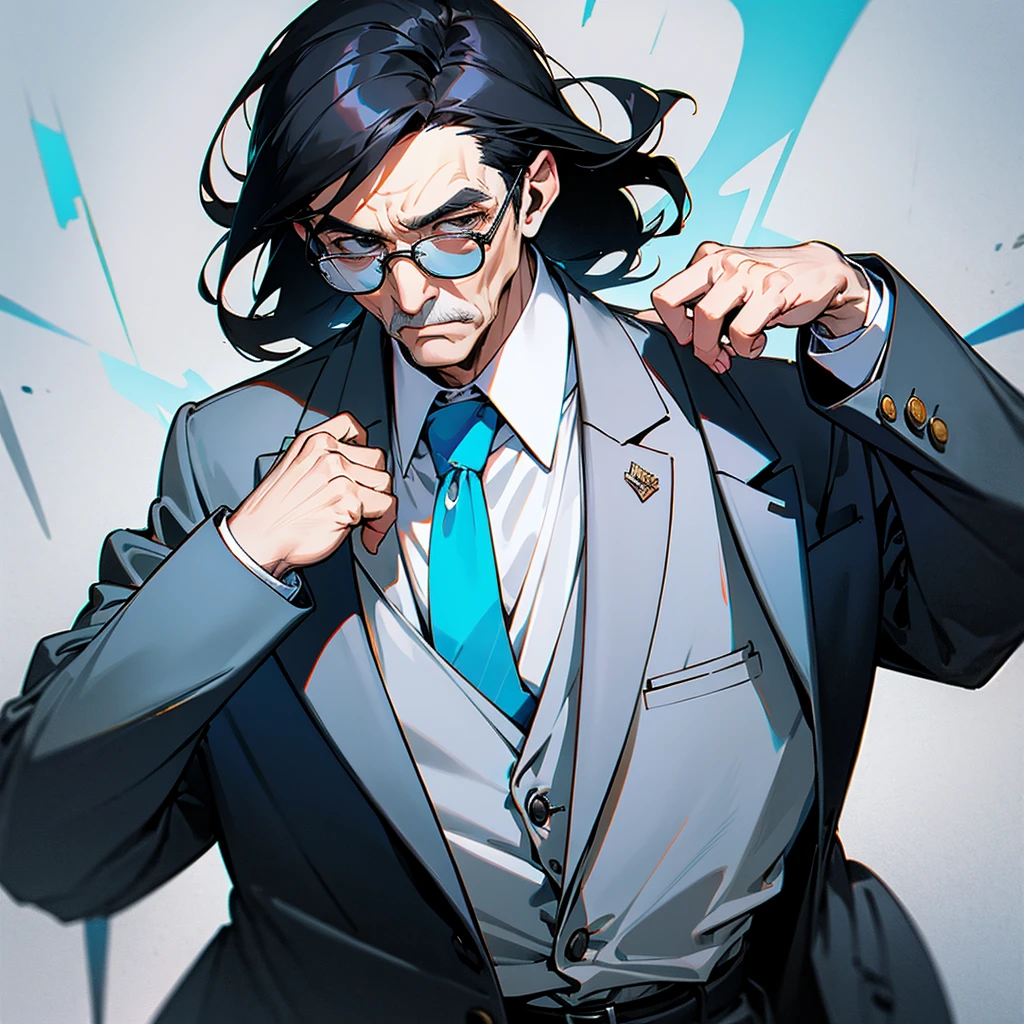 Black hair, glasses and a grey suit、Draw the whole image of a cool old man wearing a light blue tie