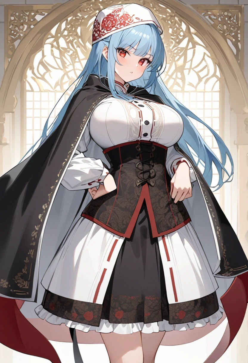 My name is Yukiko.I am a white test woman with long light blue hair,red eye color.I am 1.62 cm tall . My breasts measure 200 cm, my waist 40 cm and my hips 200 cm. Dressed in an embroidered linen shirt, a jerkin with a brocade front that adjusts with cord, a linen petticoat decorated with black wool embroidery, a black cloth skirt with red trim at the bottom, a rectangular-shaped linen cap and a black cloth cape. edged with white piping. With big breasts 200 cm