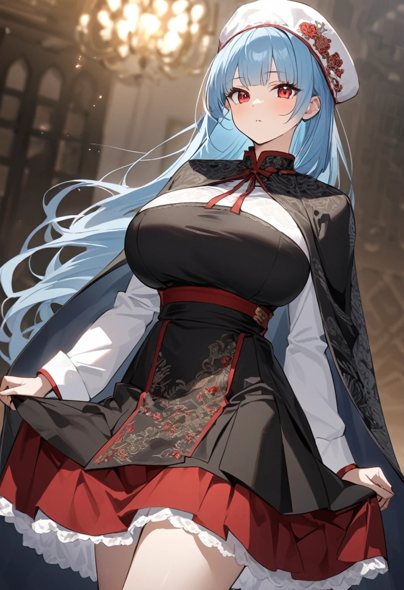 My name is Yukiko.I am a white test woman with long light blue hair,red eye color.I am 1.62 cm tall . My breasts measure 200 cm, my waist 40 cm and my hips 200 cm. Dressed in an embroidered linen shirt, a jerkin with a brocade front that adjusts with cord, a linen petticoat decorated with black wool embroidery, a black cloth skirt with red trim at the bottom, a rectangular-shaped linen cap and a black cloth cape. edged with white piping. With big breasts 200 cm