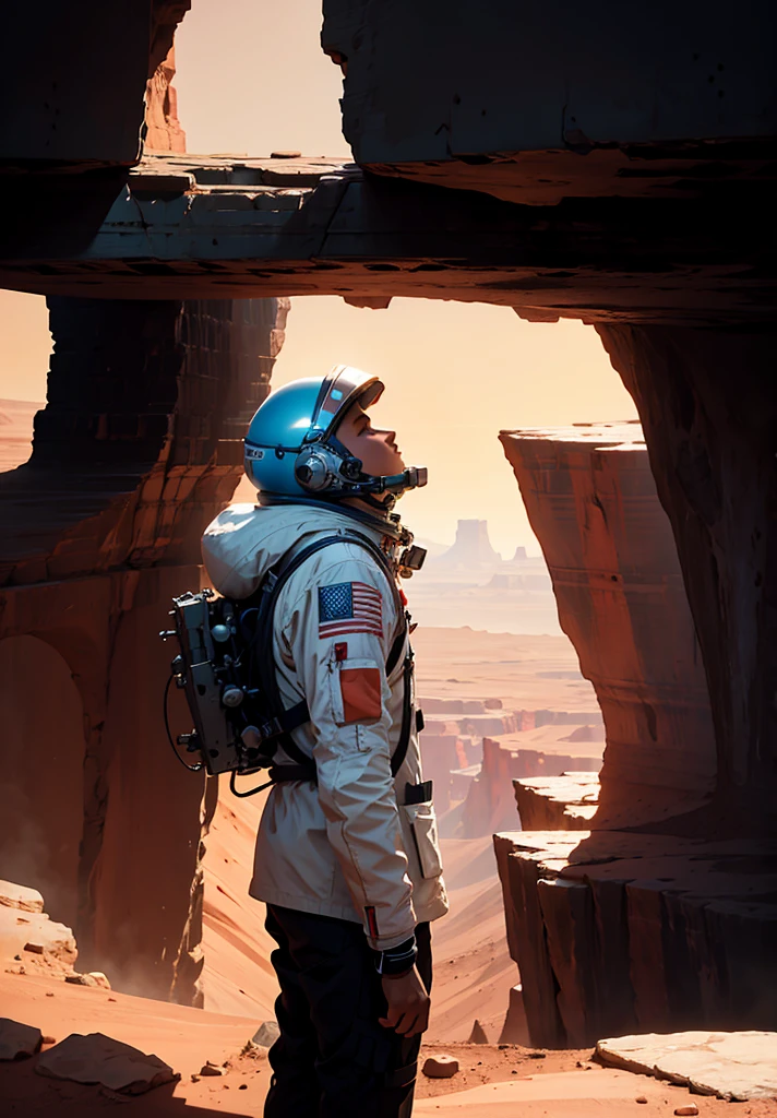 Create a painting of an astronaut standing at the edge of a canyon on Mars, gazing across to the other side, under the serene night sky