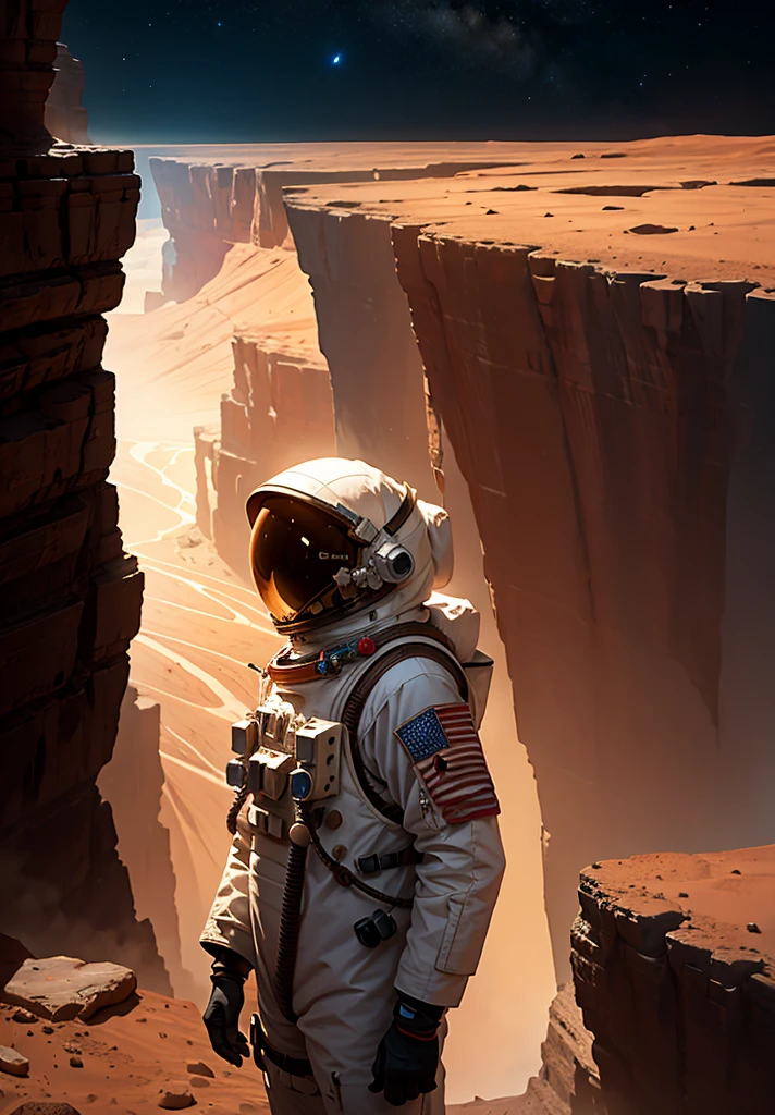 Create a painting of an astronaut standing at the edge of a canyon on Mars, gazing across to the other side, under the serene night sky