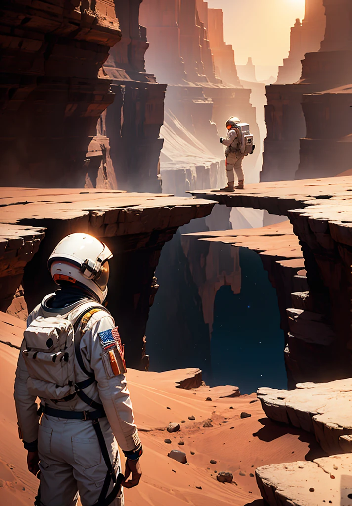 Create a painting of an astronaut standing at the edge of a canyon on Mars, gazing across to the other side, under the serene night sky