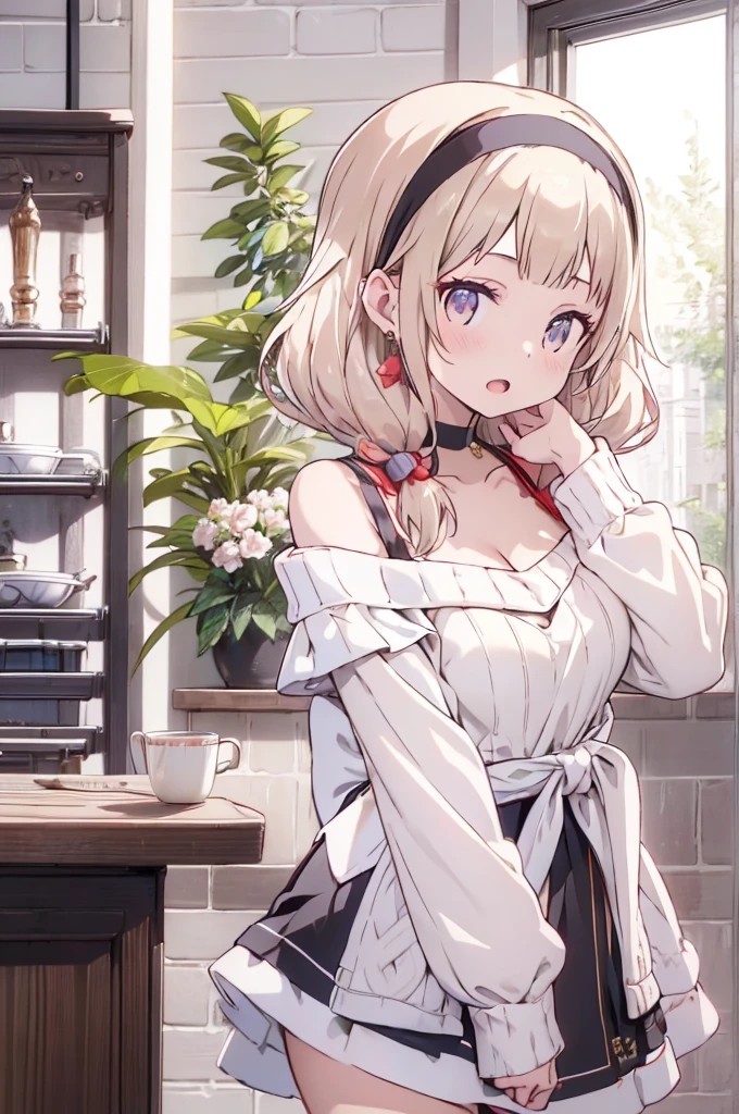 masterpiece, yor, 1girl, Bust A Cup, Amazing Cleavage:1.3, thin waist, big ass, Raised sexy, big breast: 1.2 posed cleavage:1.2、solo, looking at viewer, open mouth, have a cute grass of cute beergrass,black hair, red eyes, dress, bare shoulders, jewelry, collarbone, sidelocks, hairband, earrings, indoors, off shoulder, :o, sweater, arms behind back, plant, short hair with long locks, white hairband, off-shoulder dress, sweater dress, off-shoulder sweater, red sweater, big side hair, very long side hair,is rendered in (masterpiece: 1.2, best quality), with (ultra high resolution) and an exquisite (depth of field). This masterpiece is not only visually stunning but also tells,A scene of cooking in the kitchen