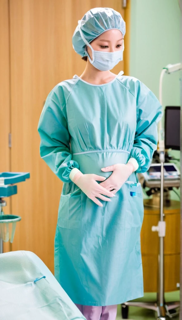 score_9, score_8_up, score_7_up, masterpiece, highest quality, raw image, can see the whole body, pale skin, shy eyes, good shape, cover the ears, big breasts, surgical mask, surgical cap, long sleeve surgical gown,
1 girl, pregnant with big belly, solo, long rubber gloves, frown, standing, in one hospital, surgical bed, operating room background