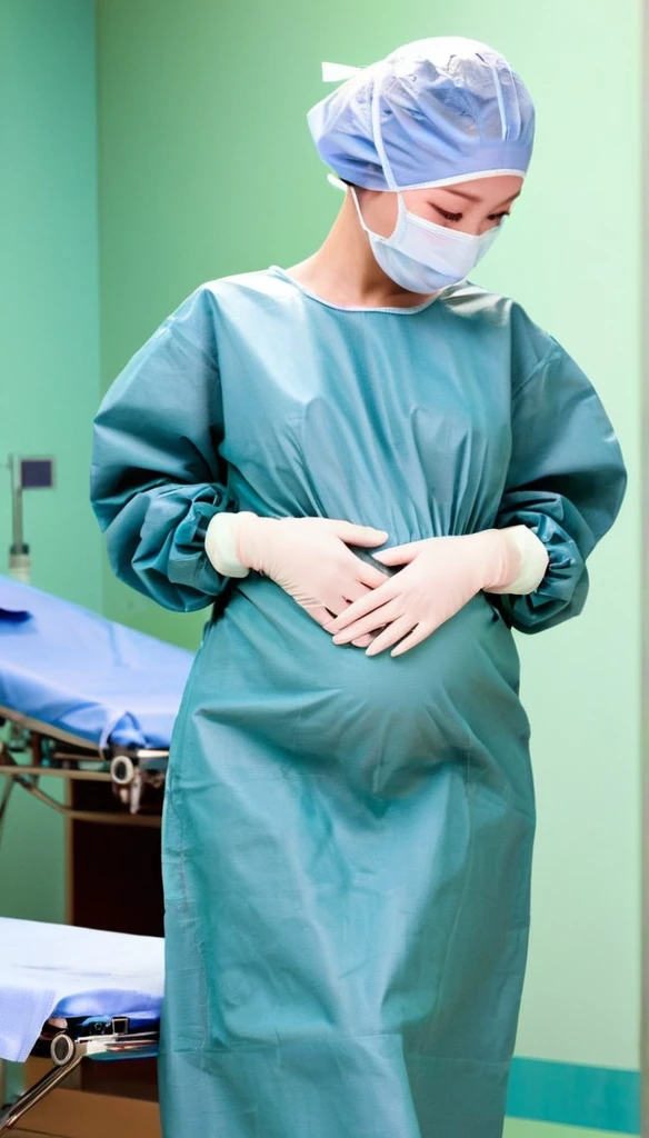 score_9,  score_8_up, score_7_up, masterpiece, highest quality, raw image, can see the whole body, pale skin, shy eyes, good shape, cover the ears, big breasts, surgical mask, surgical cap, long sleeve surgical gown,
1 girl, pregnant with big belly, solo, long rubber gloves, frown,  standing, in one hospital, surgical bed, operating room background