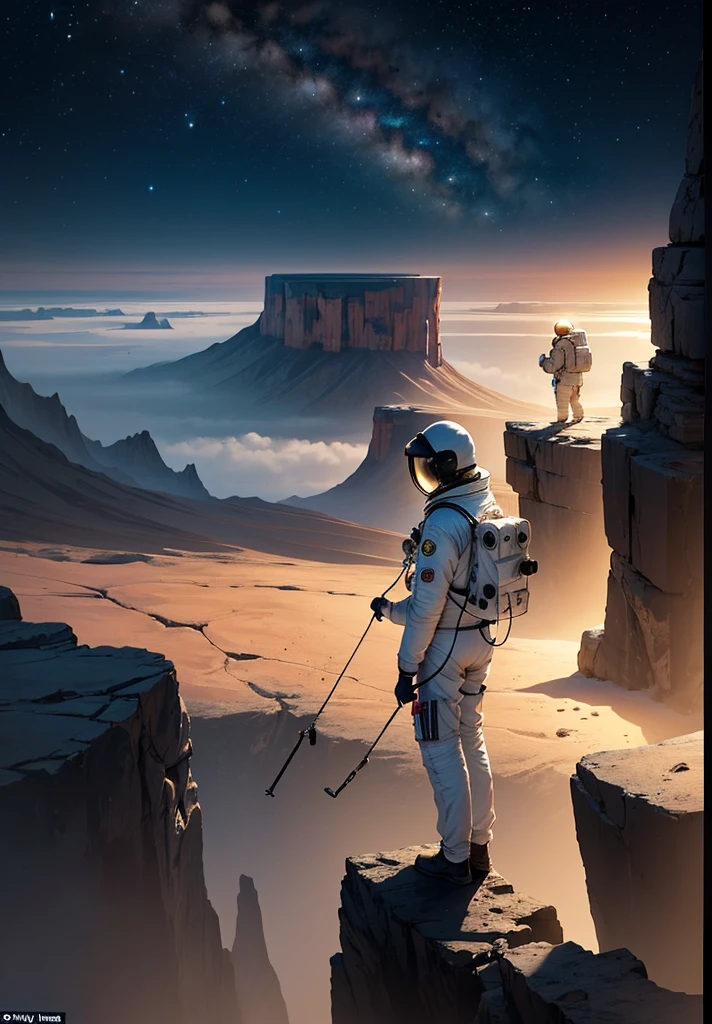 Create a painting of an astronaut standing at the edge of a canyon on Mars, gazing across to the other side, under the serene night sky