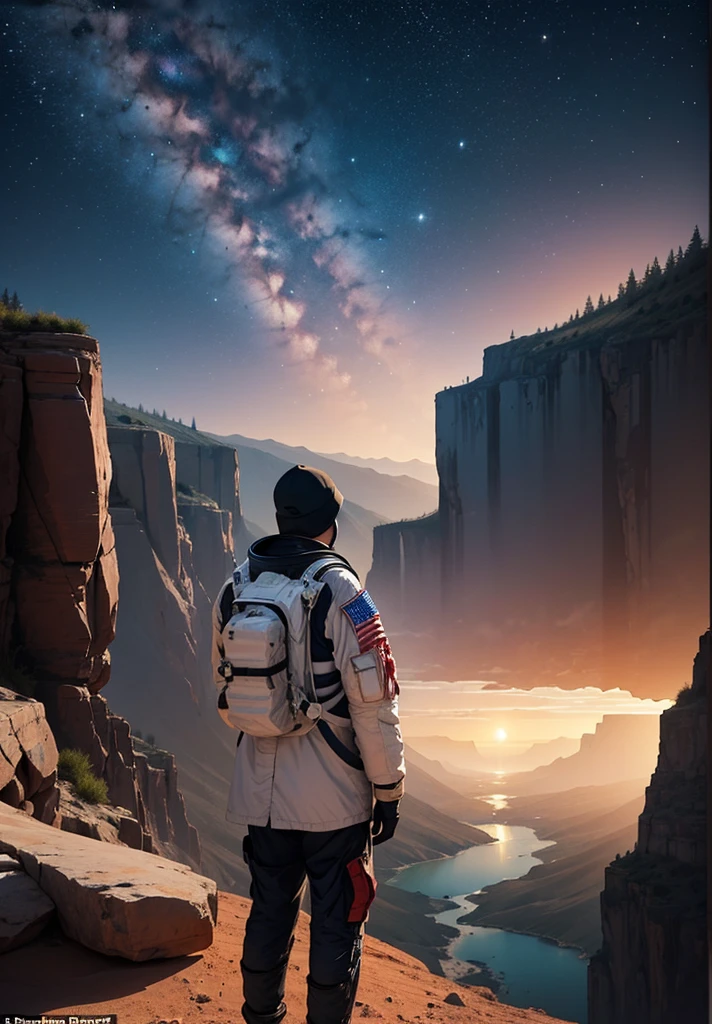 Create a painting of an astronaut standing at the edge of a canyon on Mars, gazing across to the other side, under the serene night sky