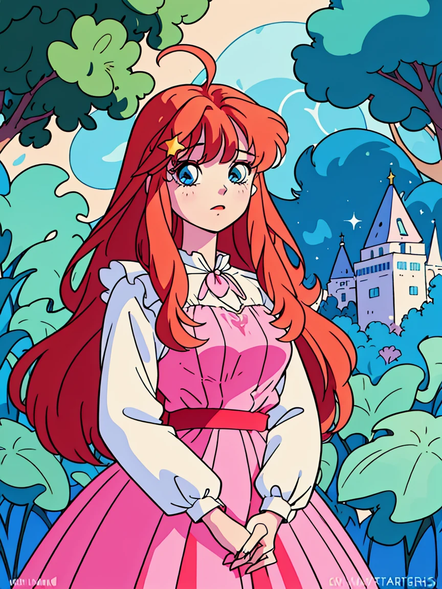 beautiful girl in flowing ballgown dress, (glowing fairy wings), glowing flowing ballgown, long wavy hair, sparkling fairy wings, watercolor illustration, flowers and colorful plants, inspired by Glen Keane, inspired by Lois van Baarle, disney art style, by Lois van Baarle, glowing aura around her, by Glen Keane, Itsuki Nakano, long fluffy red hair, blue eyes, nakano_itsuki, jen bartel, glowing lights! digital painting, flowing glowing hair, glowing flowing hair, star hairclips, 5-pointed star hairclips, beautiful digital illustration, fantasia otherworldly landscape plants flowers, beautiful, masterpiece, best quality, anime disney style