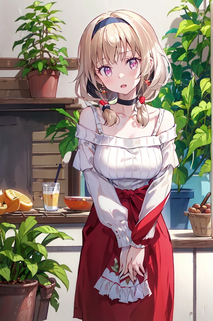 masterpiece, yor, 1girl, Bust A Cup, Amazing Cleavage:1.3, thin waist, big ass, Raised sexy, big breast: 1.2 posed cleavage:1.2、solo, looking at viewer, open mouth, have a cute grass of cute beergrass,black hair, red eyes, dress, bare shoulders, jewelry, collarbone, sidelocks, hairband, earrings, indoors, off shoulder, :o, sweater, arms behind back, plant, short hair with long locks, white hairband, off-shoulder dress, sweater dress, off-shoulder sweater, red sweater, big side hair, very long side hair,is rendered in (masterpiece: 1.2, best quality), with (ultra high resolution) and an exquisite (depth of field). This masterpiece is not only visually stunning but also tells,A scene of cooking in the kitchen
