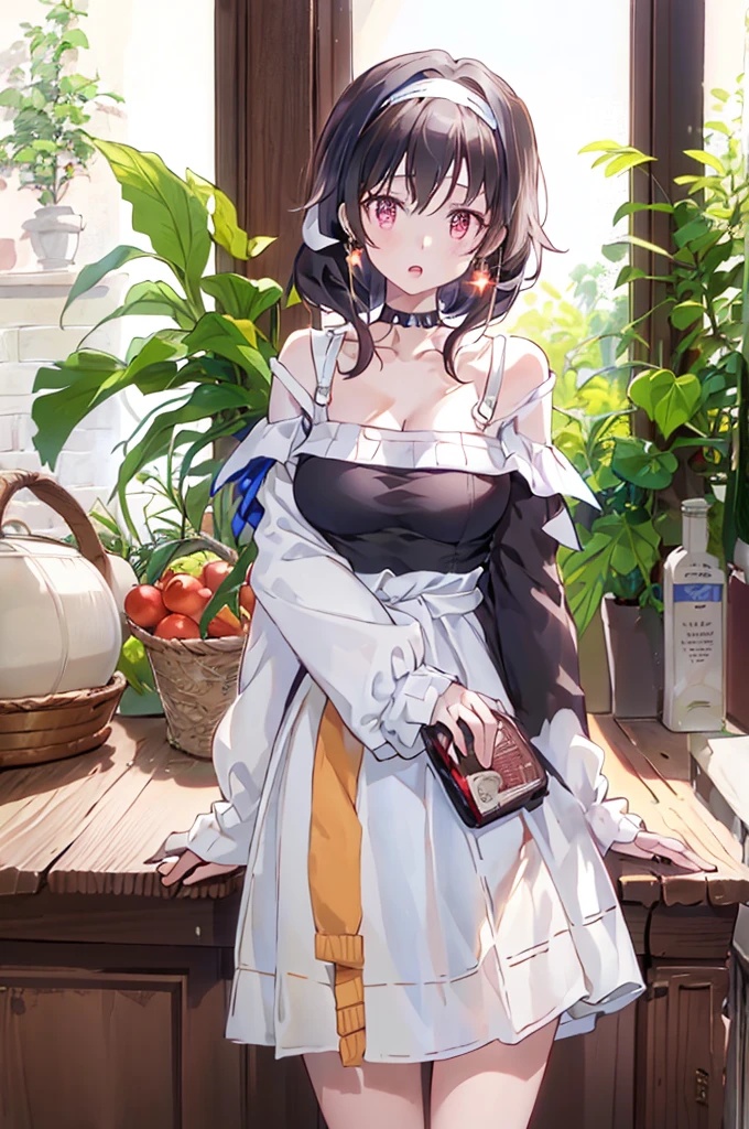 masterpiece, yor, 1girl, Bust A Cup, Amazing Cleavage:1.3, thin waist, big ass, Raised sexy, big breast: 1.2 posed cleavage:1.2、solo, looking at viewer, open mouth, have a cute grass of cute beergrass,black hair, red eyes, dress, bare shoulders, jewelry, collarbone, sidelocks, hairband, earrings, indoors, off shoulder, :o, sweater, arms behind back, plant, short hair with long locks, white hairband, off-shoulder dress, sweater dress, off-shoulder sweater, red sweater, big side hair, very long side hair,is rendered in (masterpiece: 1.2, best quality), with (ultra high resolution) and an exquisite (depth of field). This masterpiece is not only visually stunning but also tells,A scene of cooking in the kitchen