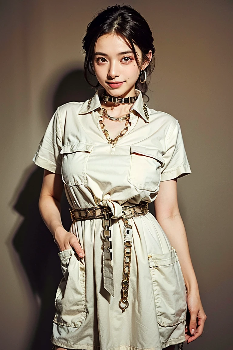 Height: 170cm, 30 years old、Pale face and eyes:1.3、Very thin face and eyes:1.3, (blown eyes:1.5)、{highest quality}, {{masterpiece}}, {very delicate and beautiful}, outstanding light and shadow, highly detailed wallpaper, clear and bright sunlight, 1 girl, , blush, short bob hair, strong sunlight,  delicate hair, (realistic skin texture:1.3), saggy breasts, cleavage、or wrinkles on the skin are noticeable., B cup, broad shoulders, ((Strapless Dress、(((Light khaki top:1.4)、((Giggi cotton texture、Large pockets):1.3)、(A stiff textured oversized light khaki cotton workwear cargo dress worn on a bare body:1.4)、((Short sleeve、bottomless、Tie at waist):1.3)、(one piece)、((collar、Chainbone、Thighs:1.3))) necklace、ring、earrings、smile、Shibuya city background:1.5