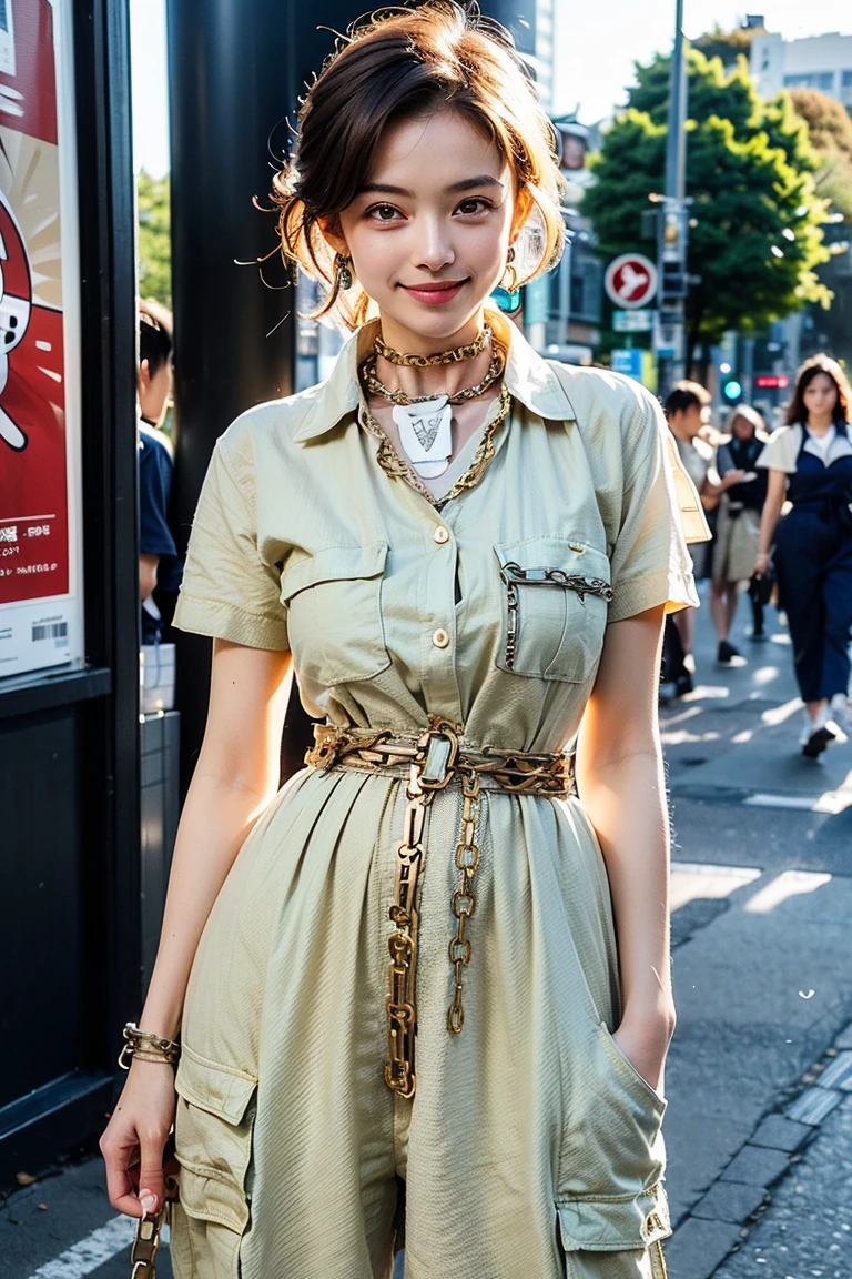 Height: 170cm, 30 years old、Pale face and eyes:1.3、Very thin face and eyes:1.3, (blown eyes:1.5)、{highest quality}, {{masterpiece}}, {very delicate and beautiful}, outstanding light and shadow, highly detailed wallpaper, clear and bright sunlight, 1 girl, , blush, short bob hair, strong sunlight,  delicate hair, (realistic skin texture:1.3), saggy breasts, cleavage、or wrinkles on the skin are noticeable., B cup, broad shoulders, ((Strapless Dress、(((Light khaki top:1.4)、((Giggi cotton texture、Large pockets):1.3)、(A stiff textured oversized light khaki cotton workwear cargo dress worn on a bare body:1.4)、((Short sleeve、bottomless、Tie at waist):1.3)、(one piece)、((collar、Chainbone、Thighs:1.3))) necklace、ring、earrings、smile、Shibuya city background:1.5