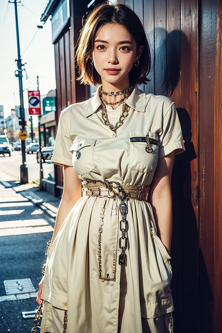 Height: 170cm, 30 years old、Pale face and eyes:1.3、Very thin face and eyes:1.3, (blown eyes:1.5)、{highest quality}, {{masterpiece}}, {very delicate and beautiful}, outstanding light and shadow, highly detailed wallpaper, clear and bright sunlight, 1 girl, , blush, short bob hair, strong sunlight, delicate hair, (realistic skin texture:1.3), saggy breasts, cleavage、or wrinkles on the skin are noticeable., B cup, broad shoulders, ((Strapless Dress、(((Light khaki top:1.4)、((Giggi cotton texture、Large pockets):1.3)、(A stiff textured oversized light khaki cotton workwear cargo dress worn on a bare body:1.4)、((Short sleeve、bottomless、Tie at waist):1.3)、(one piece)、((collar、Chainbone、Thighs:1.3))) necklace、ring、earrings、smile、Shibuya city background:1.5