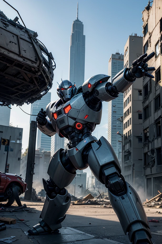 An epic fight in the background between futuristic robots in the middle of a partially destroyed city. In front of the larger building, slightly to the left, there is a logo for a game called 'E-BOTS FIGHT&FORGE'.