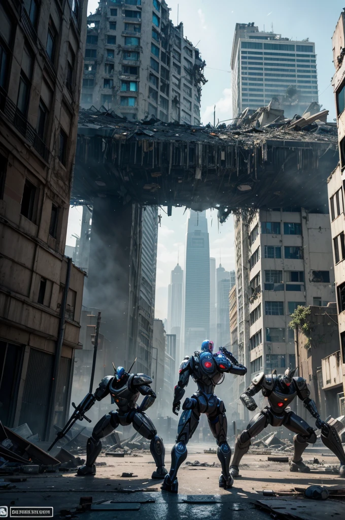 An epic fight in the background between futuristic robots in the middle of a partially destroyed city. In front of the larger building, slightly to the left, there is a logo for a game called 'E-BOTS FIGHT&FORGE'.