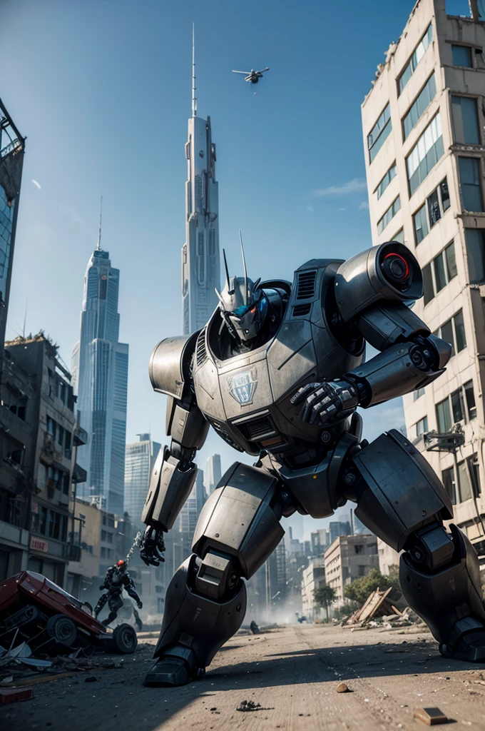 An epic fight in the background between futuristic robots in the middle of a partially destroyed city. In front of the larger building, slightly to the left, there is a logo for a game called 'E-BOTS FIGHT&FORGE'.