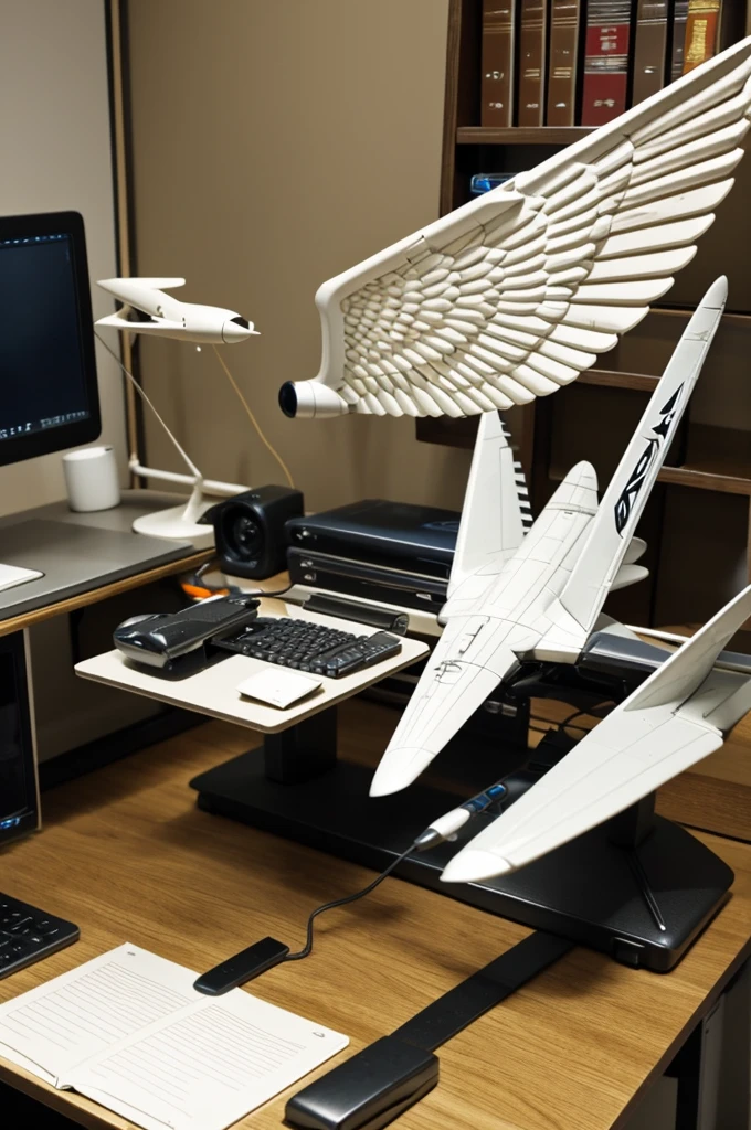 An angel from heaven with wings, sitting at a work desk with a computer on top of the desk. Back a picture of a flying model A 230 airplane