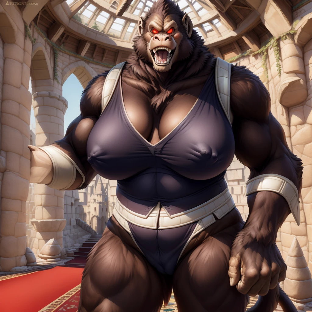 solo, breath (ultra detailed), a beautiful and detailed full size portrait of a female anthro gorilla, oozaru, brown fur, fur body, monkey tail, red eyes, close up view, glowing eyes, empty eyes, tail, bedroom eyes, detailed eyes, big body, sexy body, (wide body). goddess, kenket, Ross Tran,ruan jia, trending on artstation,foxovh, cenematic lighting, front view, big breaths, huge boobs, big boobs big , big , day, tree, (((castle room, red carpet, standing))), curvy figure, (((armor, nipple outline)), angry, open mouth, blush,