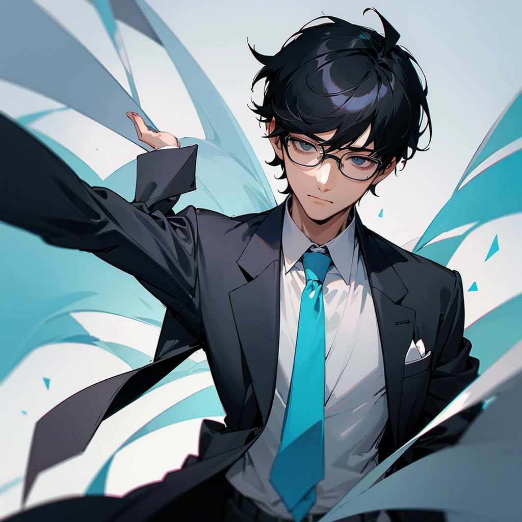 Black hair, glasses and a grey suit、Draw a full image of a cool guy with a light blue tie, but don't add any wrinkles around his forehead.