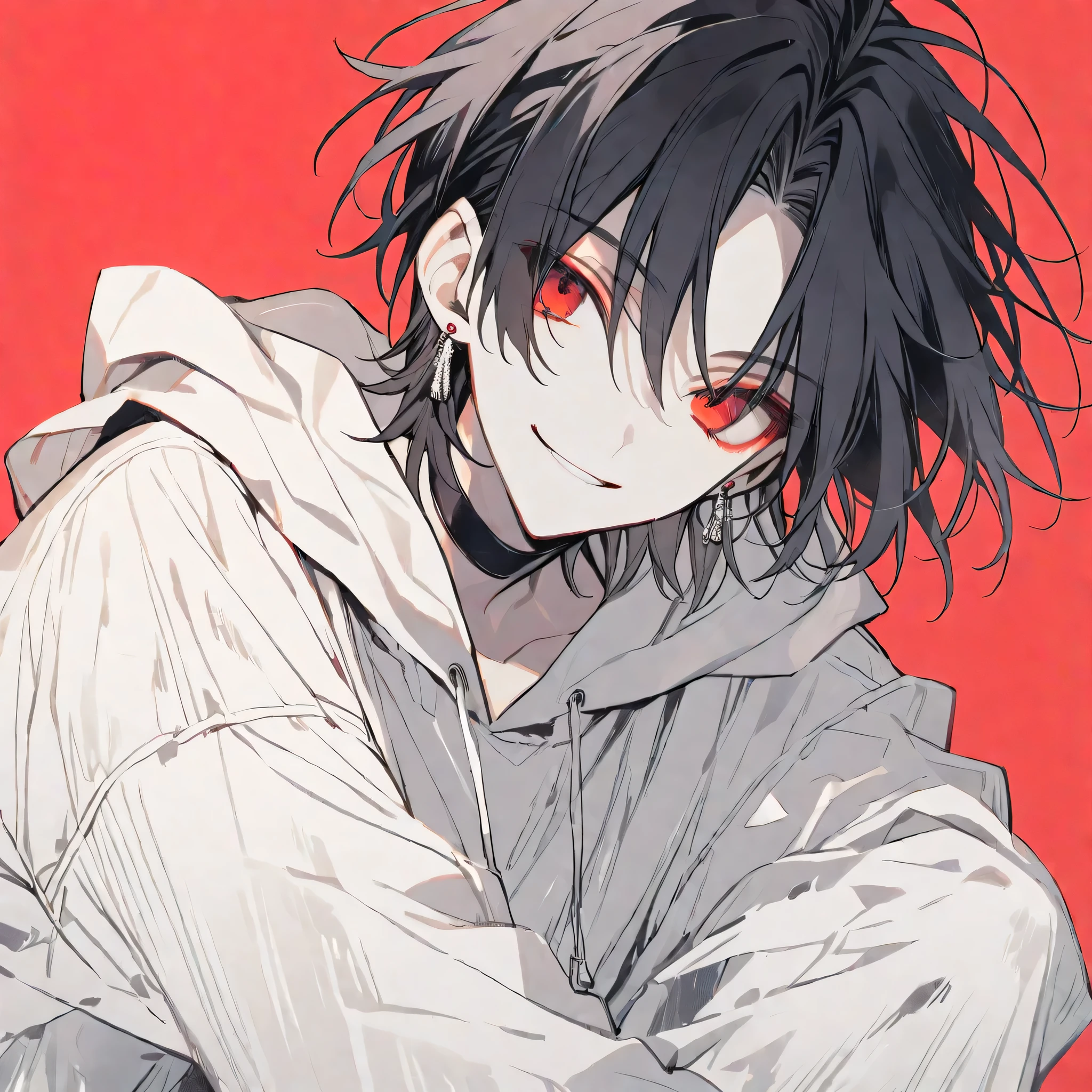 solo, handsome, monotone,
1. male,
Hime cut,Straight Hair,Bob Hair, ponytail,
black hair,
Nakano Yotsuba,
red Eyes,Soft look,beautiful,beautiful,Sexy,Darkness,Lots of silver earrings,choker,
White Distressed jeans, hoodie ,smile,skin,Summer,
simple background ,
red background,