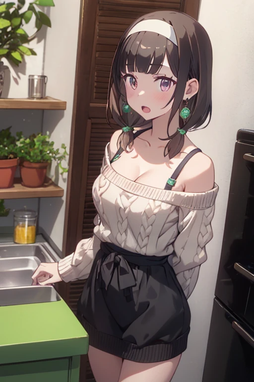 masterpiece, yor, 1girl, Bust A Cup, Amazing Cleavage:1.3, thin waist, big ass, Raised sexy, big breast: 1.2 posed cleavage:1.2、solo, looking at viewer, open mouth, have a cute grass of cute beergrass,black hair, red eyes, dress, bare shoulders, jewelry, collarbone, sidelocks, hairband, earrings, indoors, off shoulder, :o, sweater, arms behind back, plant, short hair with long locks, white hairband, off-shoulder dress, sweater dress, off-shoulder sweater, red sweater, big side hair, very long side hair,is rendered in (masterpiece: 1.2, best quality), with (ultra high resolution) and an exquisite (depth of field). This masterpiece is not only visually stunning but also tells,A scene of cooking in the kitchen