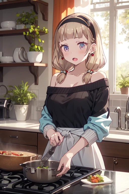 masterpiece, yor, 1girl, Bust A Cup, Amazing Cleavage:1.3, thin waist, big ass, Raised sexy, big breast: 1.2 posed cleavage:1.2、solo, looking at viewer, open mouth, have a cute grass of cute beergrass,black hair, red eyes, dress, bare shoulders, jewelry, collarbone, sidelocks, hairband, earrings, indoors, off shoulder, :o, sweater, arms behind back, plant, short hair with long locks, white hairband, off-shoulder dress, sweater dress, off-shoulder sweater, red sweater, big side hair, very long side hair,is rendered in (masterpiece: 1.2, best quality), with (ultra high resolution) and an exquisite (depth of field). This masterpiece is not only visually stunning but also tells,A scene of cooking in the kitchen
