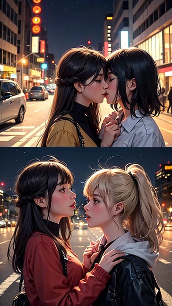 Two girls kissing in the city at night.