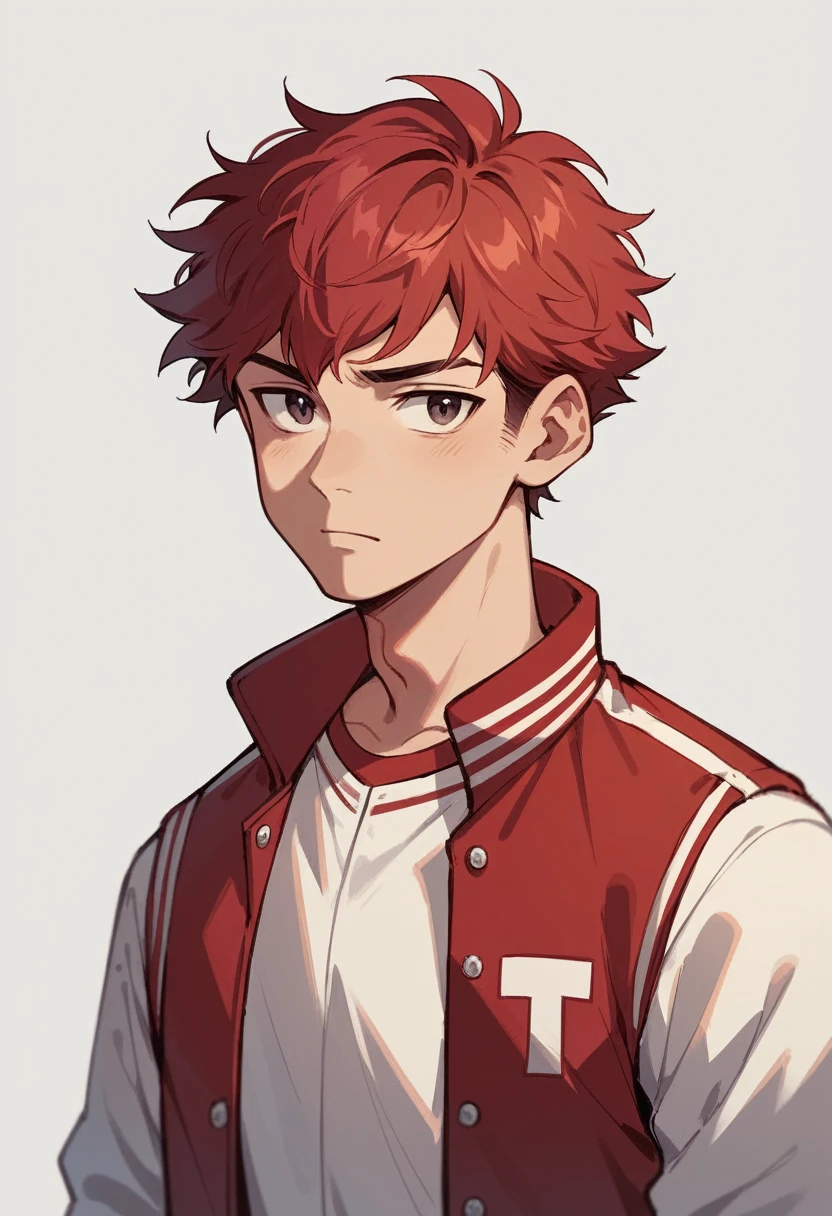 best qualityer, 1 young boy, standing alone, Cartoon portrait , fund, shorth hair, Grinning, Red hair, wearing red varsity jacket