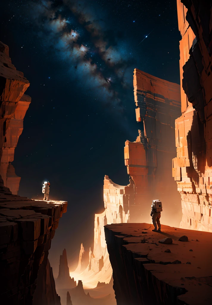 Create a painting of an astronaut standing at the edge of a canyon on Mars, gazing across to the other side, under the serene night sky