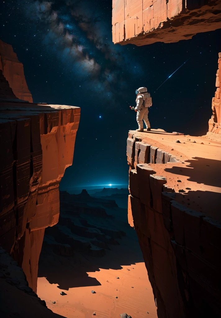 Create a painting of an astronaut standing at the edge of a canyon on Mars, gazing across to the other side, under the serene night sky
