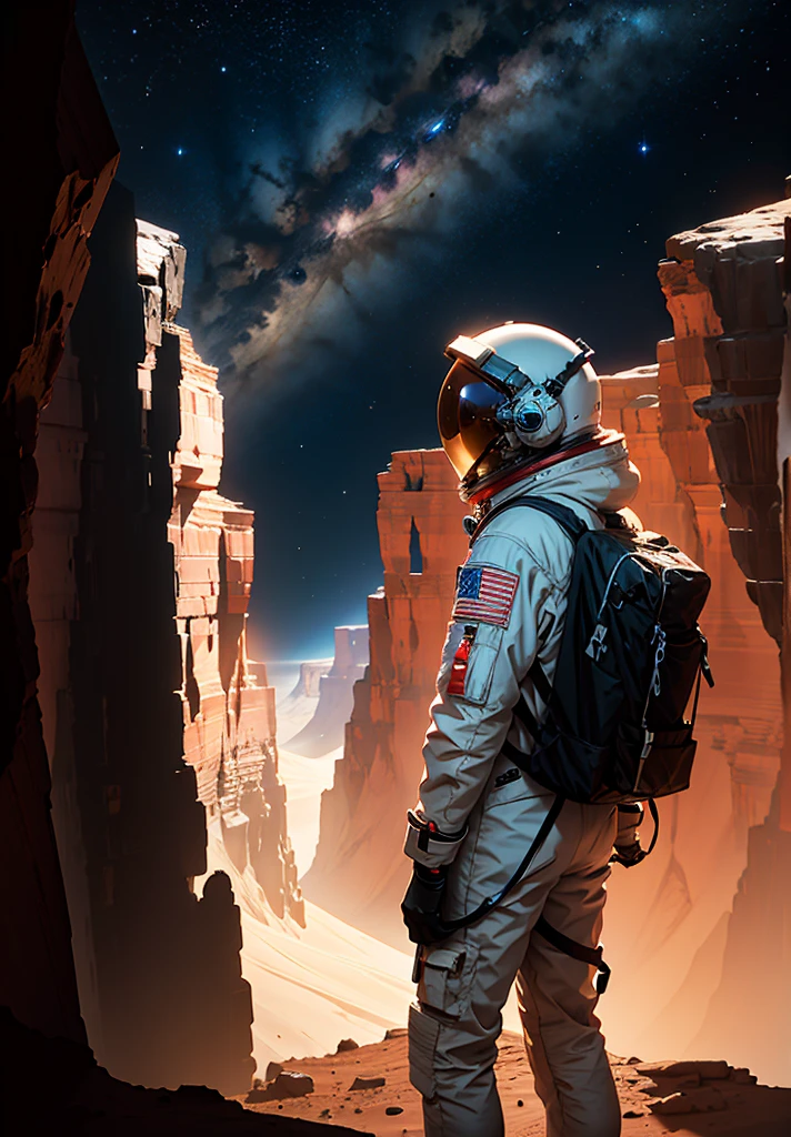 Create a painting of an astronaut standing at the edge of a canyon on Mars, gazing across to the other side, under the serene night sky