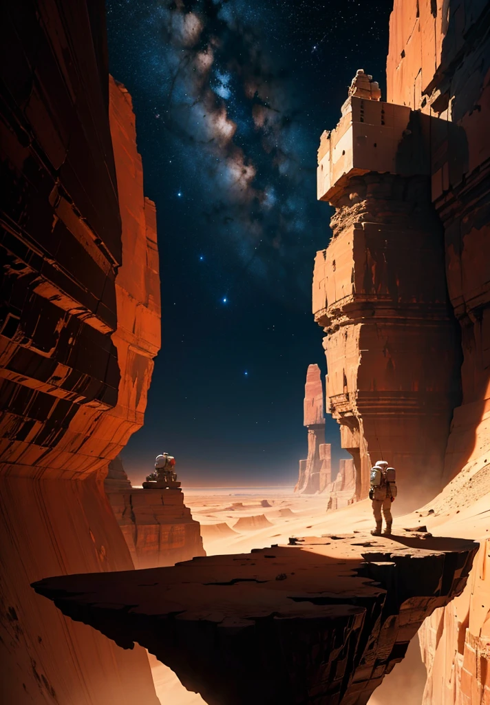 Create a painting of an astronaut standing at the edge of a canyon on Mars, gazing across to the other side, under the serene night sky