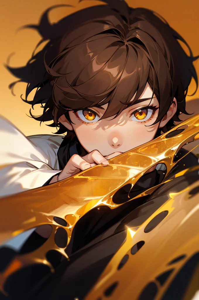 A boy with medium length messy dark brown hair and golden amber eyes