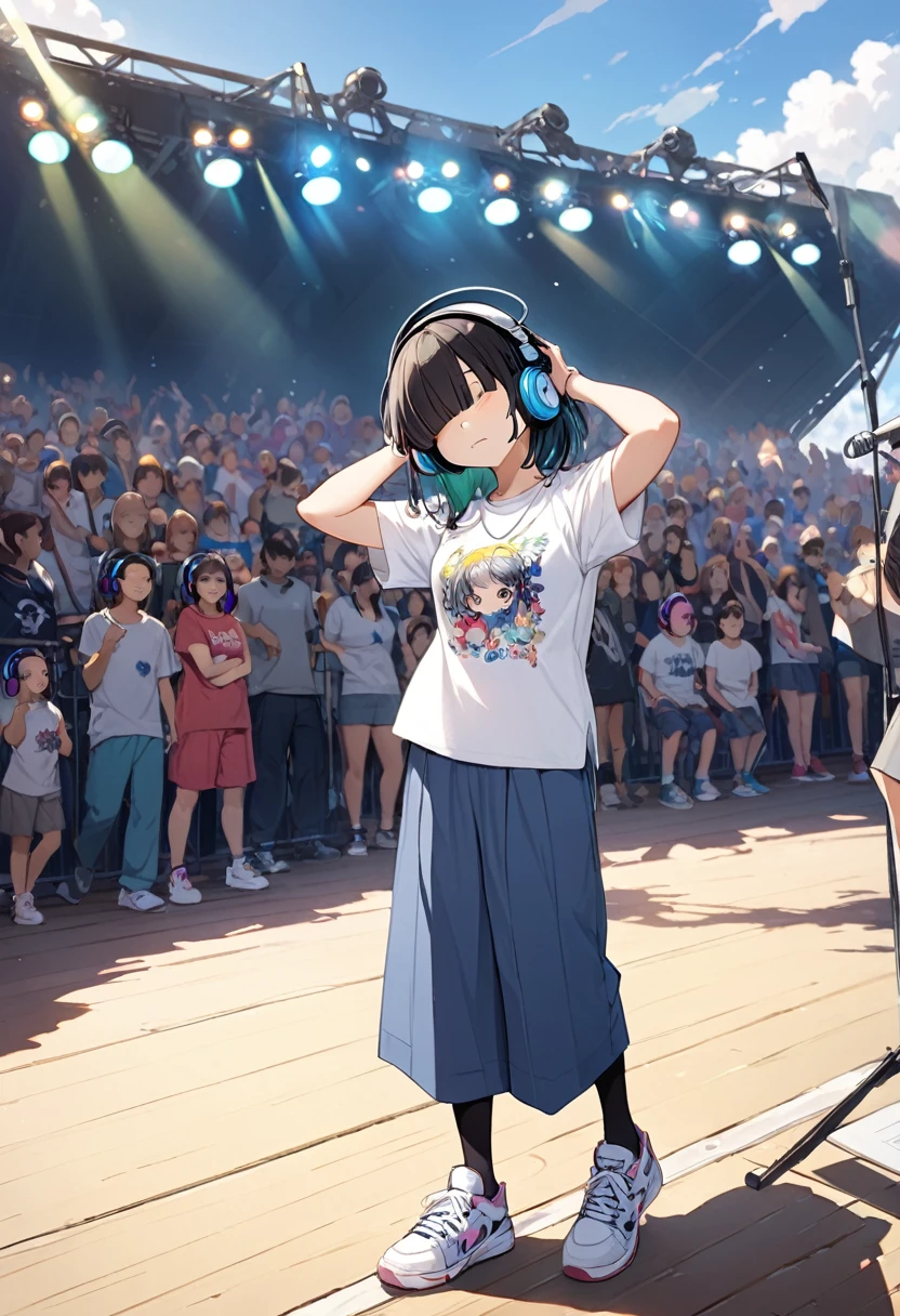BREAK Perfect Anatomy、(High resolution:1.2)、Incredible illustrations、(Cute illustrations:1.2)、
(Beautiful background(park outdoor stage))
1little girl((multicolored hair,((bangs over eyes)))
1girl((a girl, 1.5meters, 35kg,18 years old female, ((Headphones, T-shirt, culottes, tights, sneakers),tilting head(tilt your head and sing a song)