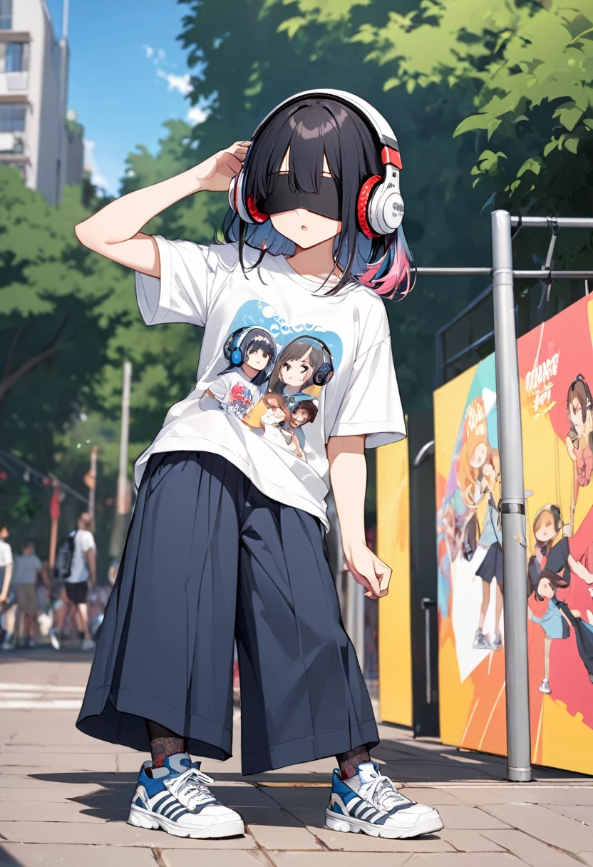 BREAK Perfect Anatomy、(High resolution:1.2)、Incredible illustrations、(Cute illustrations:1.2)、
(Beautiful background(park outdoor stage))
1little girl((multicolored hair,((bangs over eyes)))
1girl((a girl, 1.5meters, 35kg,18 years old female, ((Headphones, T-shirt, culottes, tights, sneakers),tilting head(tilt your head and sing a song)